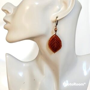 3/$30 VTG Bronze Autumn Leaf Dangle Leverback Hook Earrings